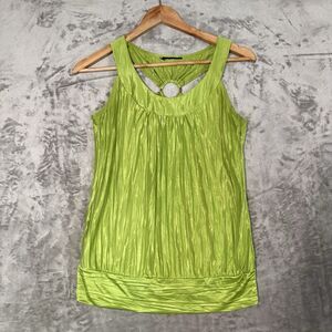 VTG Y2K IZ Byer Lime Green Crinkle Plissé Tank Top Ring Back Detail Neon Small